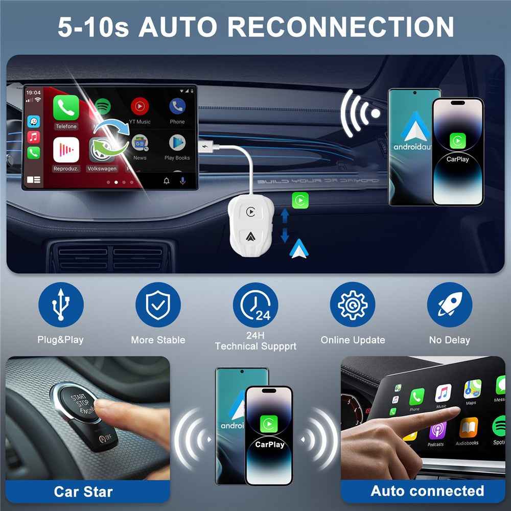 THT-020-9 Car Wireless Carplay Android Auto Dongle Wired to Wireless Adapter - White