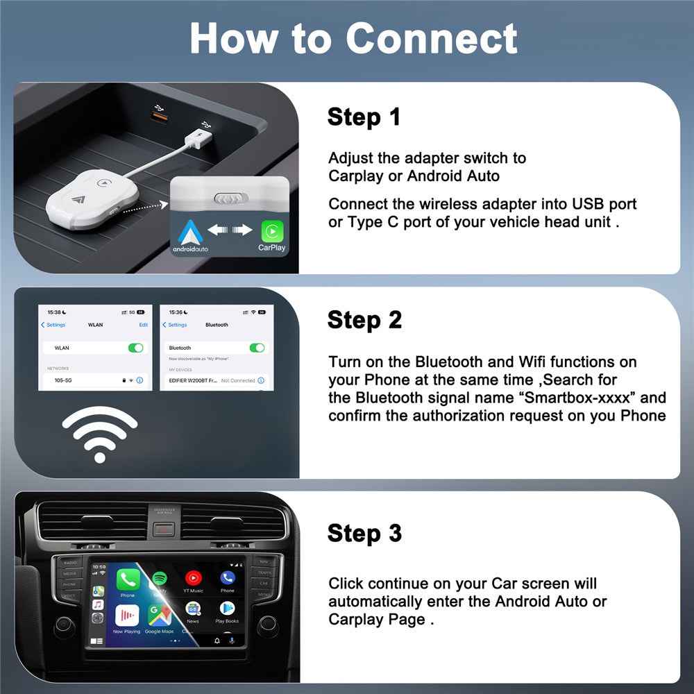 THT-020-9 Car Wireless Carplay Android Auto Dongle Wired to Wireless Adapter - White