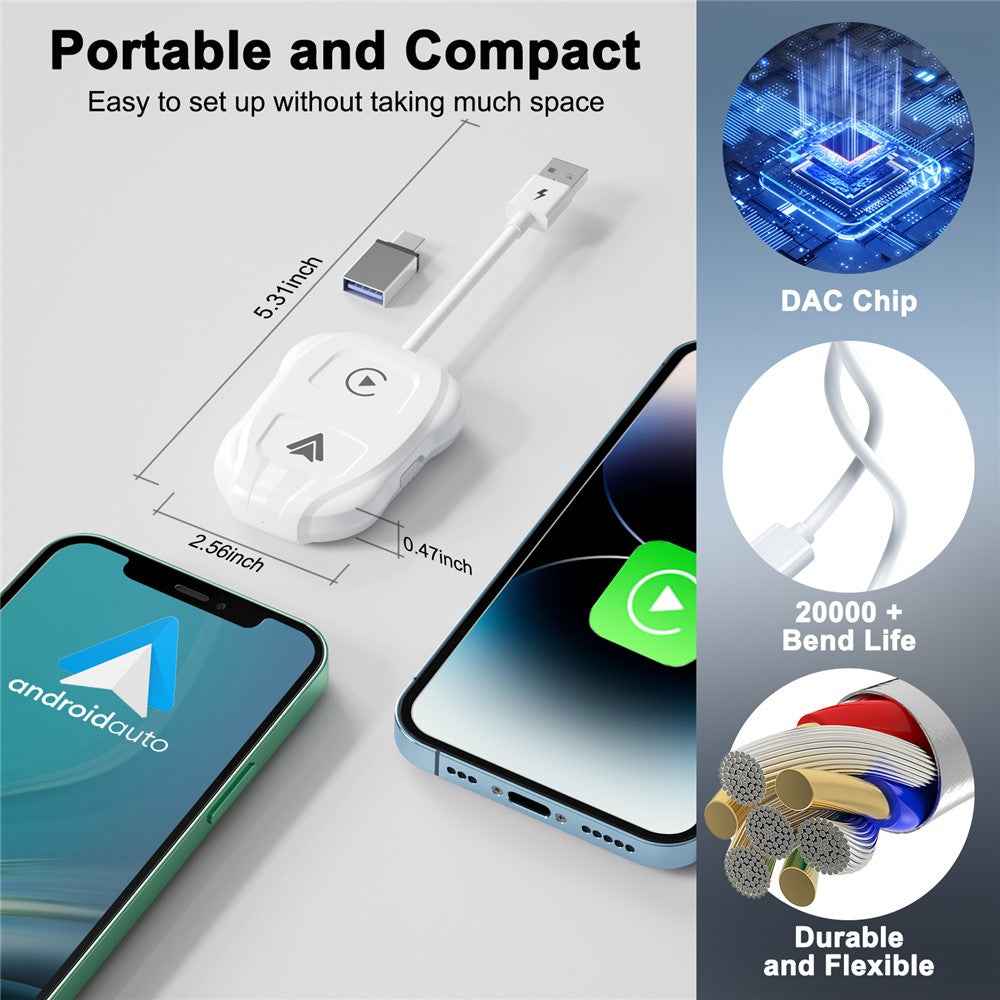 THT-020-9 Car Wireless Carplay Android Auto Dongle Wired to Wireless Adapter - White