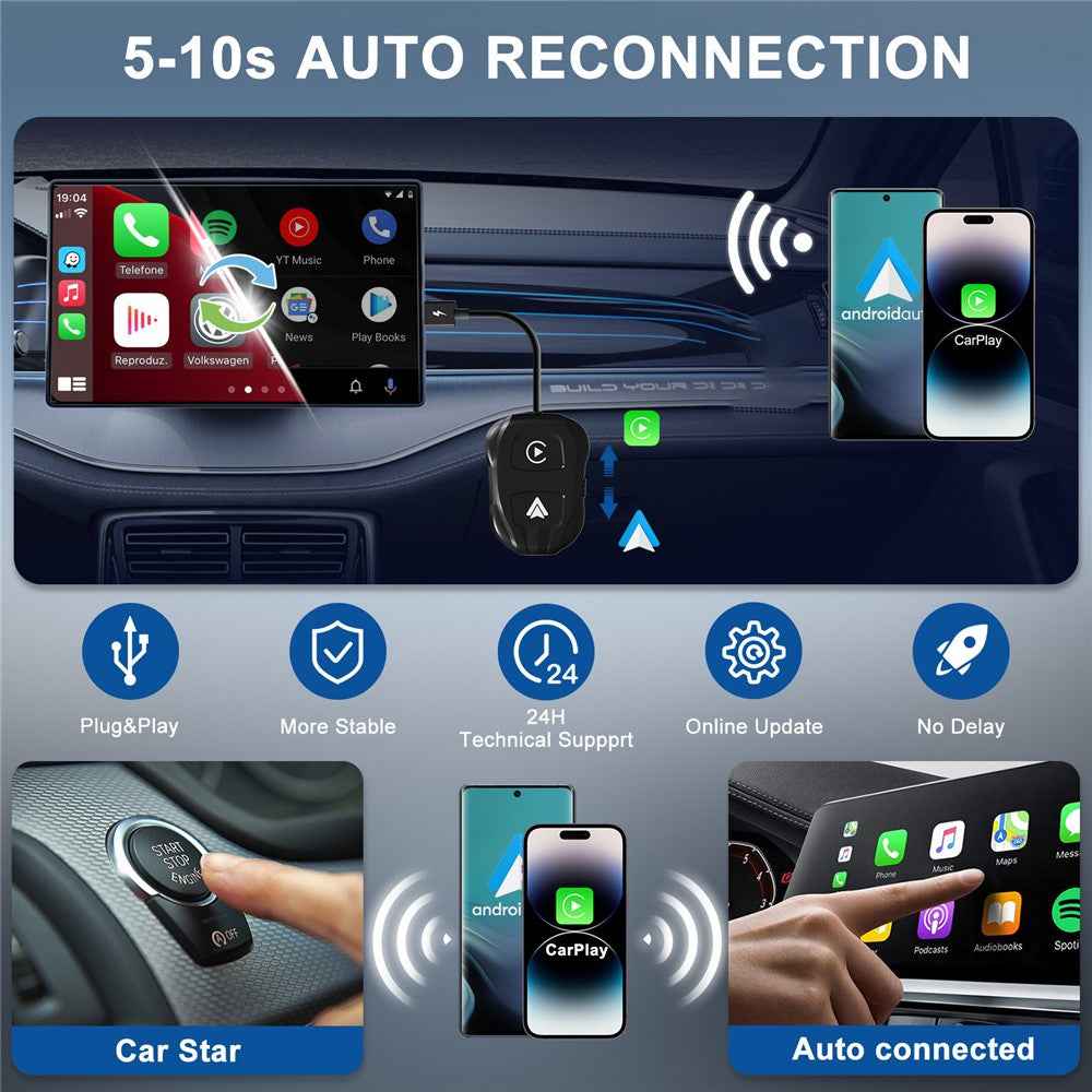 THT-020-9 Car Wireless Carplay Android Auto Dongle Wired to Wireless Adapter - Black
