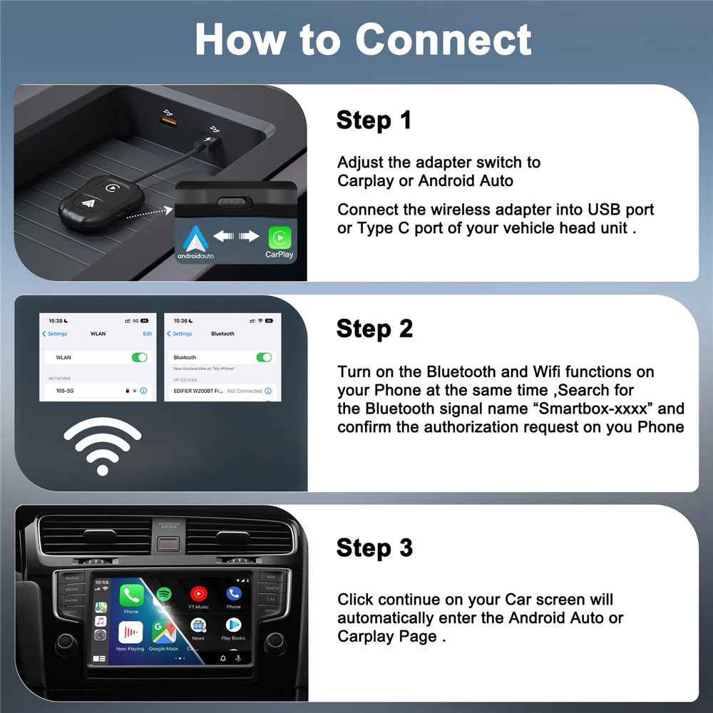 THT-020-9 Car Wireless Carplay Android Auto Dongle Wired to Wireless Adapter - Black