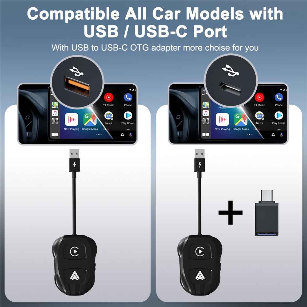 THT-020-9 Car Wireless Carplay Android Auto Dongle Wired to Wireless Adapter - Black