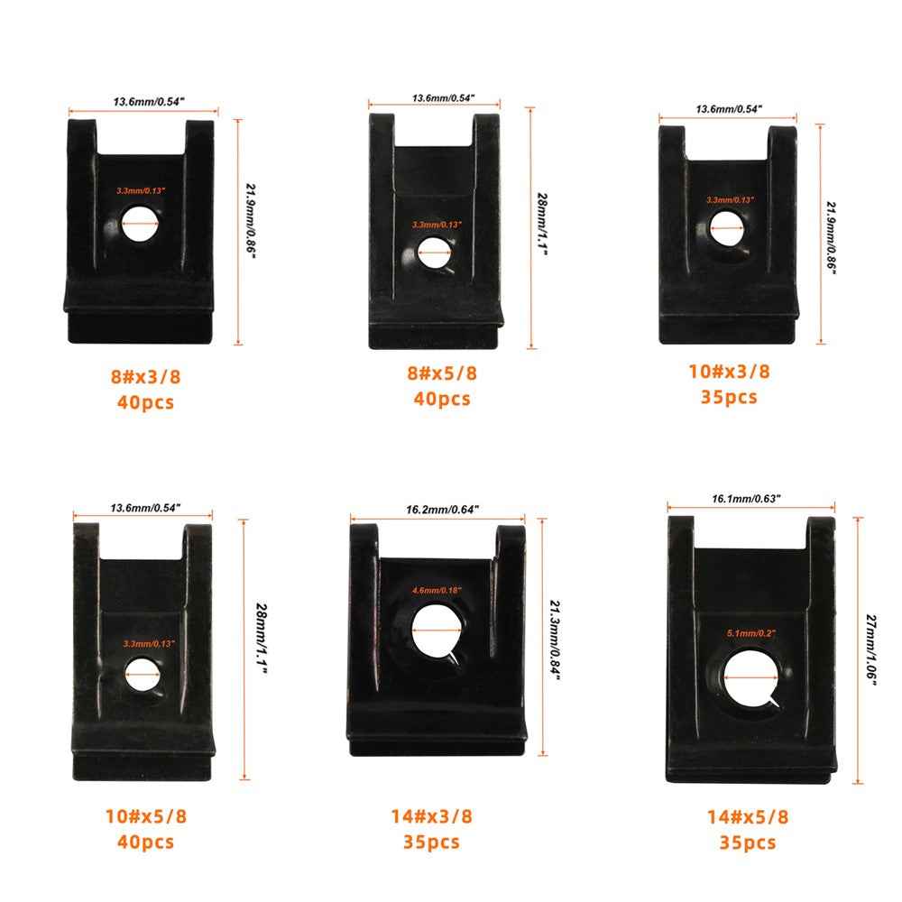 A7552 225PCS Manganese Steel Car U Nut Clips Replacement Parts with 6 Sizes