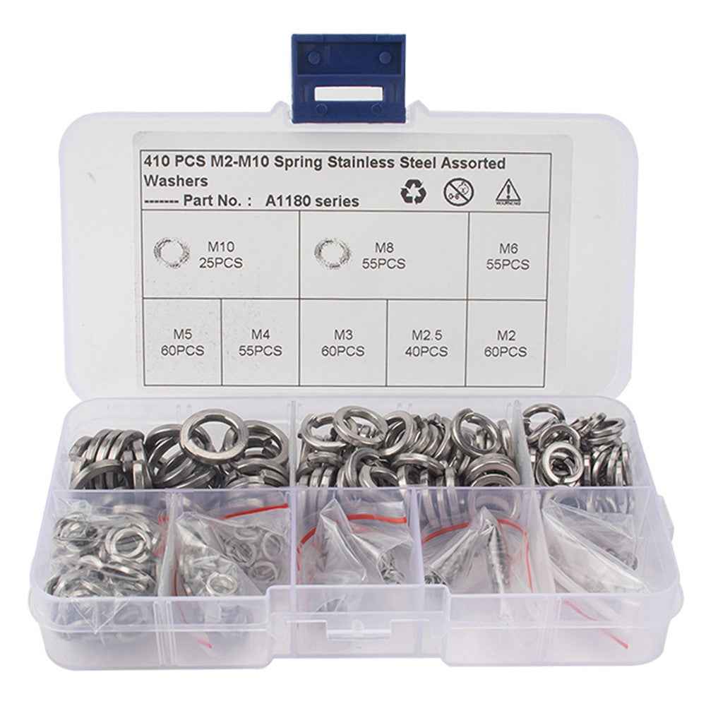 A1180 410Pcs M2-M10 Stainless Steel Assorted Spring Washers with Plastic Box
