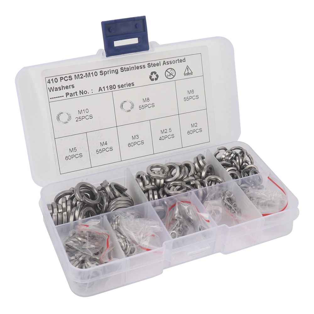 A1180 410Pcs M2-M10 Stainless Steel Assorted Spring Washers with Plastic Box