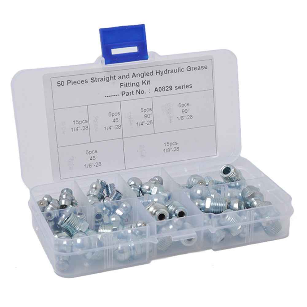 A0829 50Pcs Straight and Angled Hydraulic Grease Fitting Assortment Kit