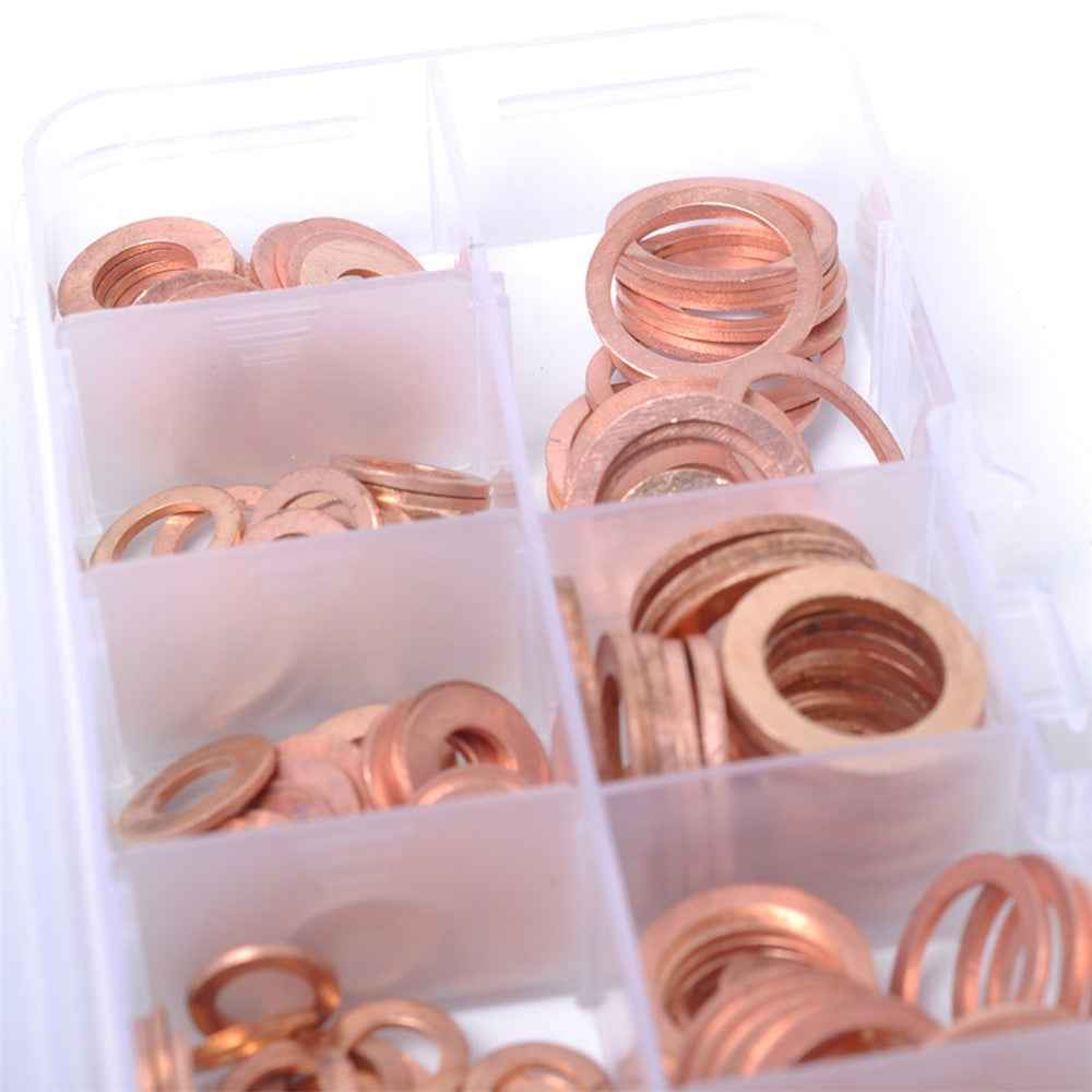 A0395 200Pcs / Set Copper Sealing Washers Flat Rings Gaskets with Plastic Box