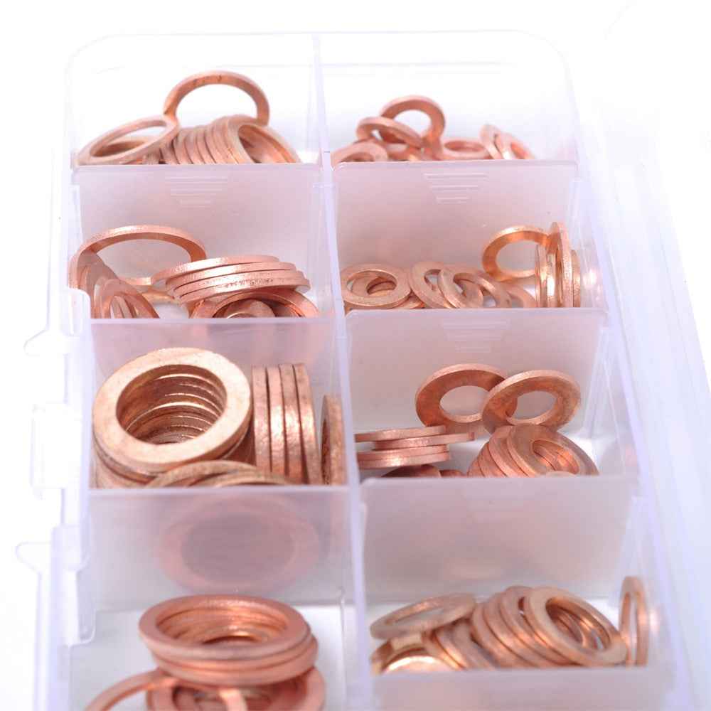 A0395 200Pcs / Set Copper Sealing Washers Flat Rings Gaskets with Plastic Box