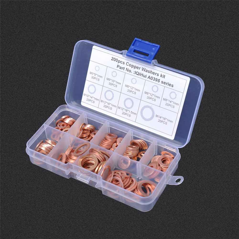 A0395 200Pcs / Set Copper Sealing Washers Flat Rings Gaskets with Plastic Box