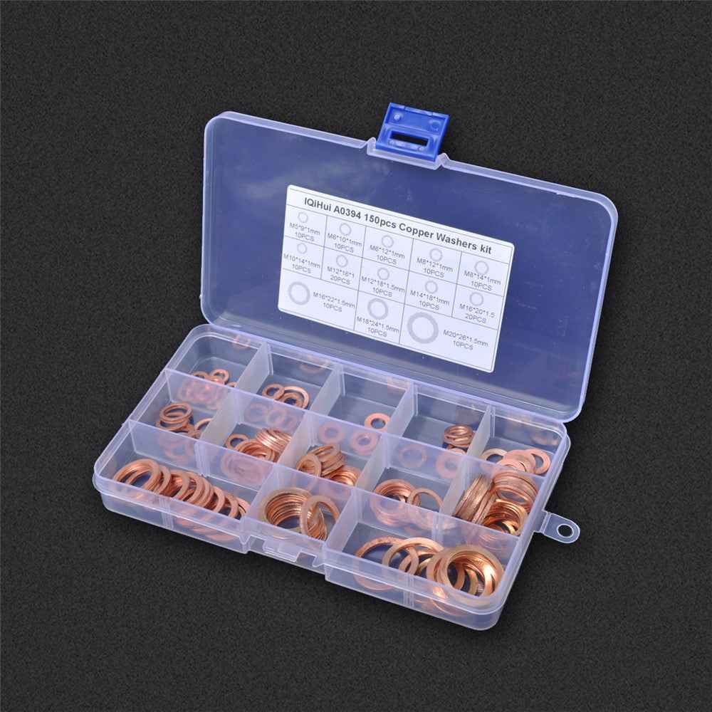 A0394 150Pcs / Set Copper Sealing Washers Flat Rings Gaskets with Plastic Box