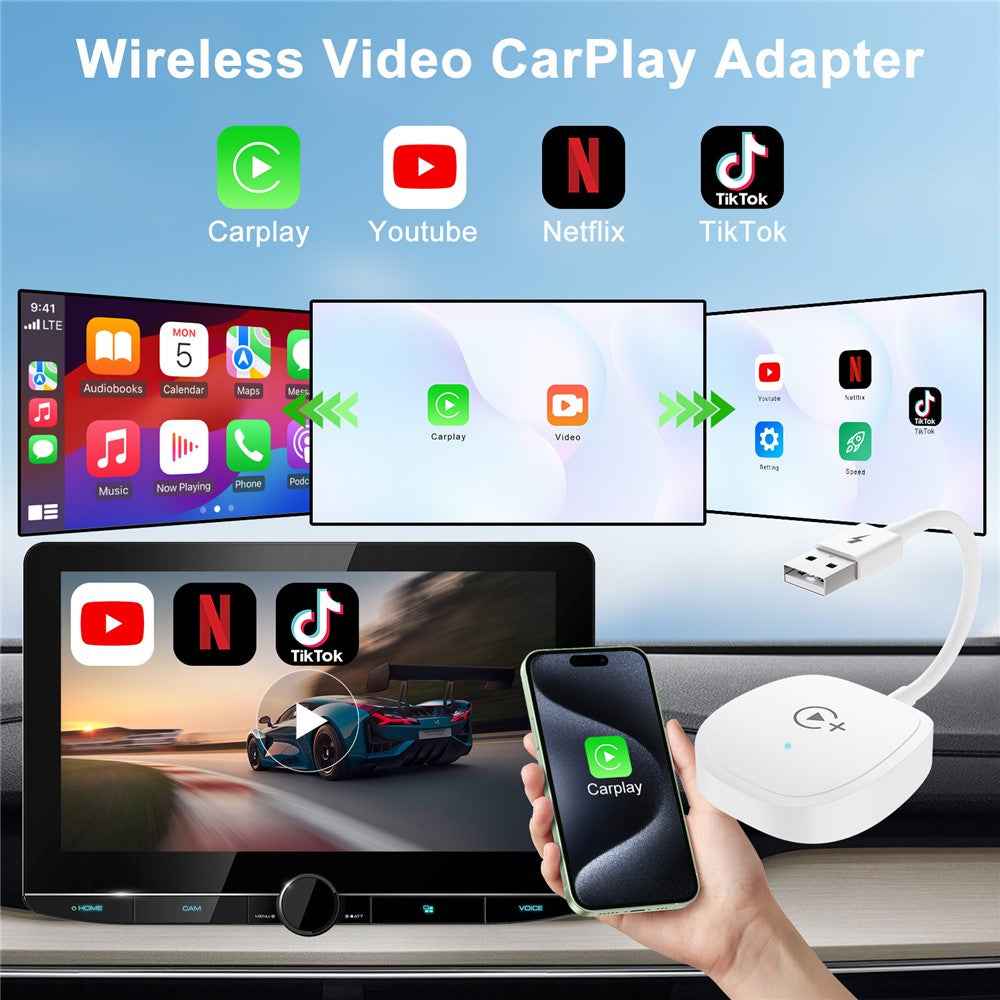 020-7+ Wireless Video / Car Play Adapter Car System Wired to Wireless Car Player Supports YouTube / Netflix / TikTok - White