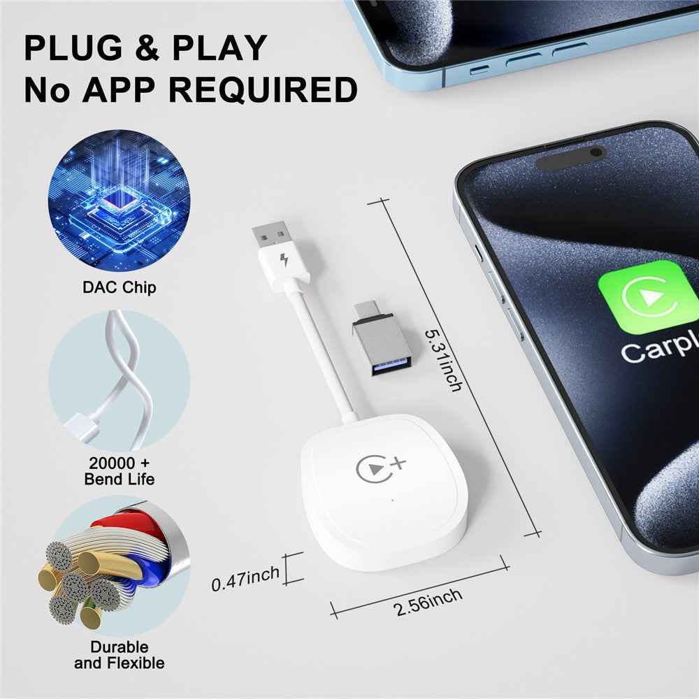 020-7+ Wireless Video / Car Play Adapter Car System Wired to Wireless Car Player Supports YouTube / Netflix / TikTok - White