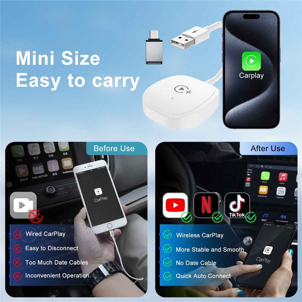 020-7+ Wireless Video / Car Play Adapter Car System Wired to Wireless Car Player Supports YouTube / Netflix / TikTok - White