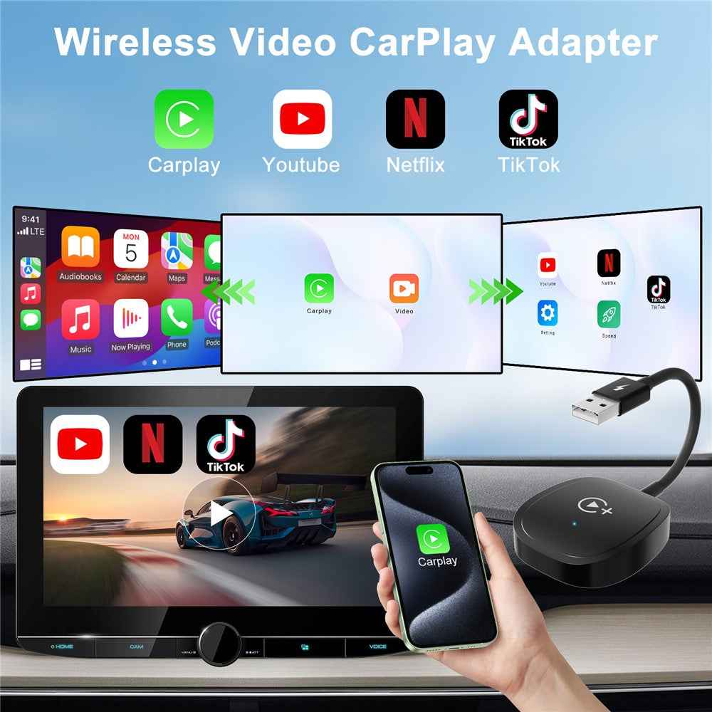 020-7+ Wireless Video / Car Play Adapter Car System Wired to Wireless Car Player Supports YouTube / Netflix / TikTok - Black