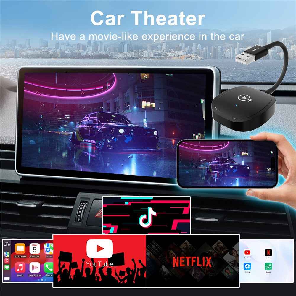 020-7+ Wireless Video / Car Play Adapter Car System Wired to Wireless Car Player Supports YouTube / Netflix / TikTok - Black