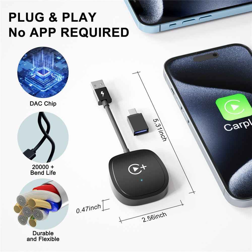 020-7+ Wireless Video / Car Play Adapter Car System Wired to Wireless Car Player Supports YouTube / Netflix / TikTok - Black