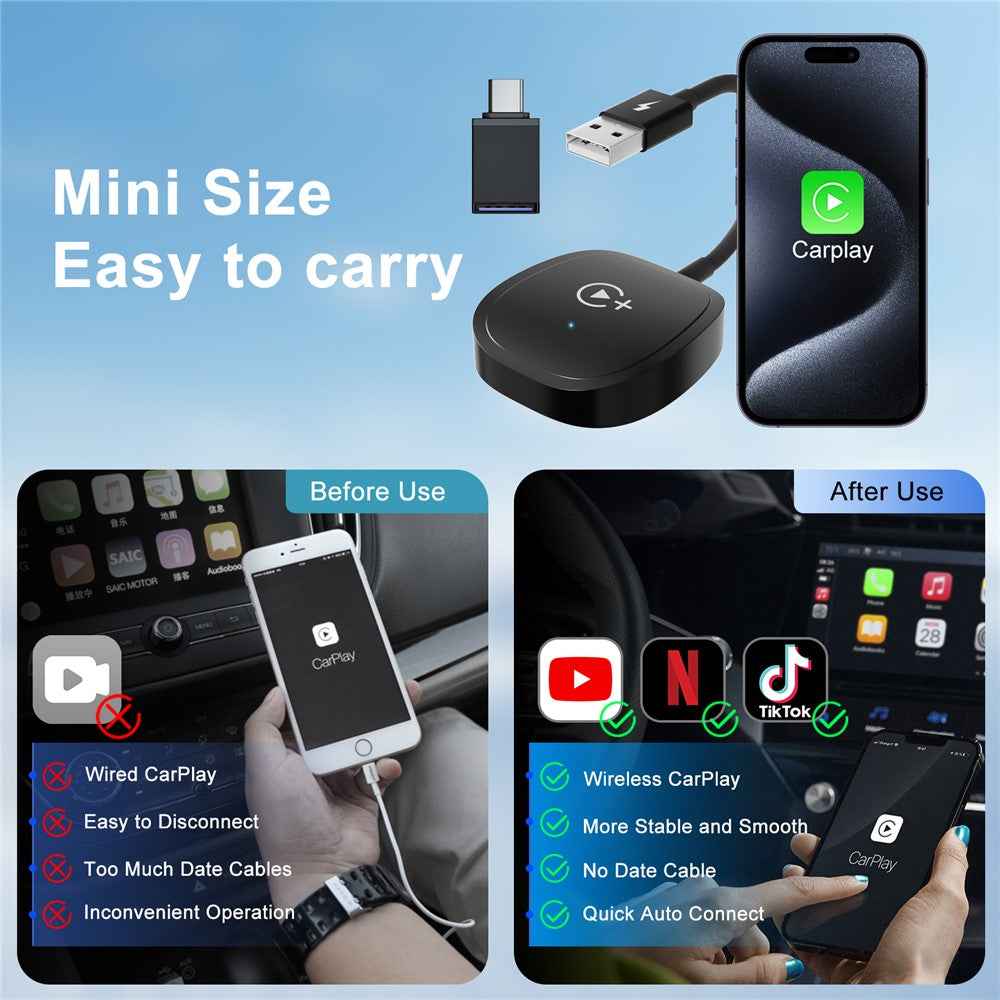 020-7+ Wireless Video / Car Play Adapter Car System Wired to Wireless Car Player Supports YouTube / Netflix / TikTok - Black