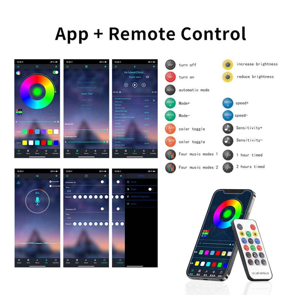 DR06-12 2PCS Bluetooth-compatible APP LED Strip Lights Colorful Car Decoration Lamps with Remote Control