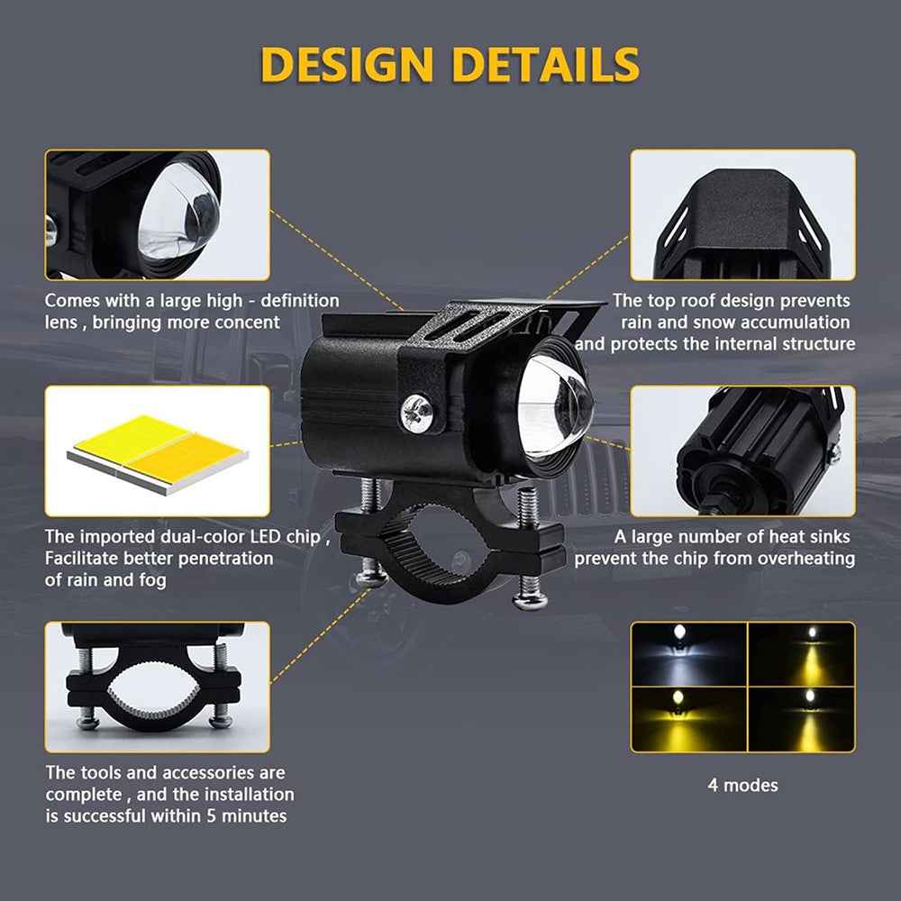 12-85V Motorcycle Electric Bike Yellow+White LED Light Waterproof Super Bright Spotlight