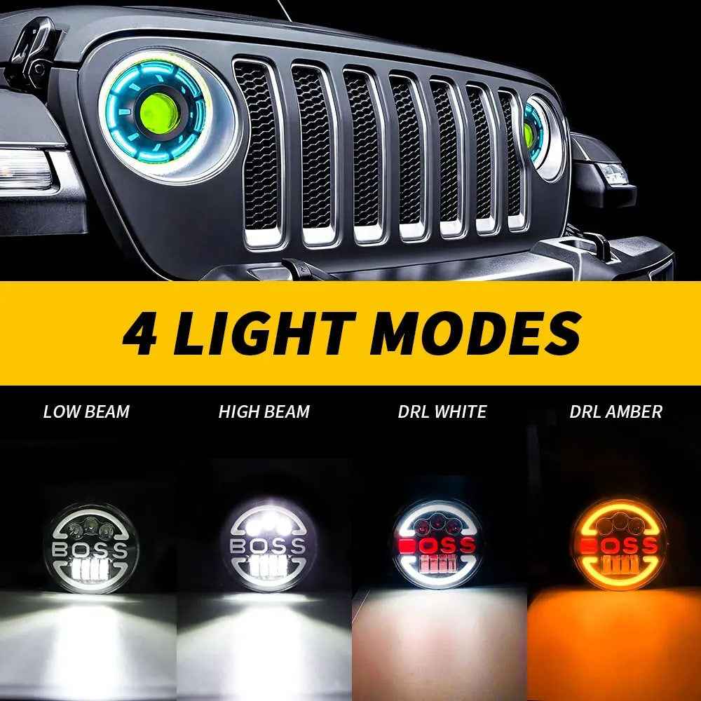 7-inch for Wrangler Harley Motorcycle Boss Headlight High Low Beam Circle Angel Eye LED Headlight