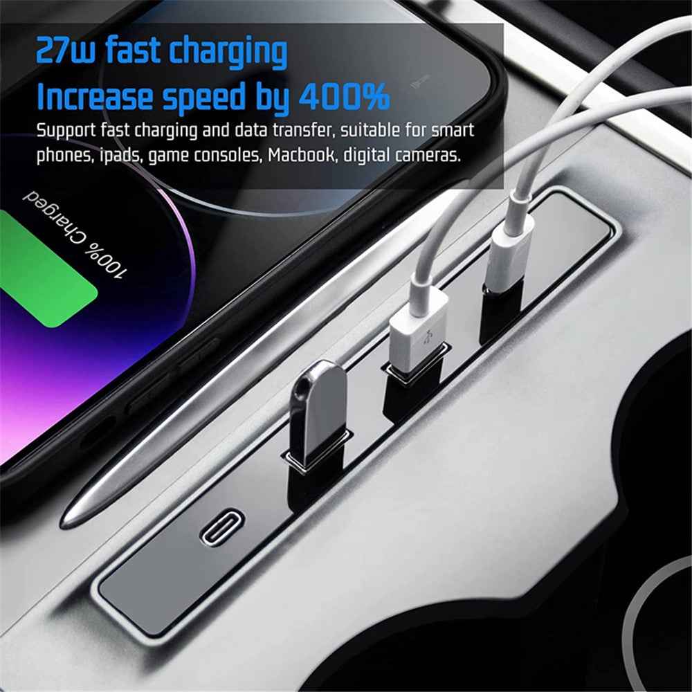 TSL315 ABS Car Charger Multi-Port for Tesla Model 3 / Y Center Console USB Hub Docking Station