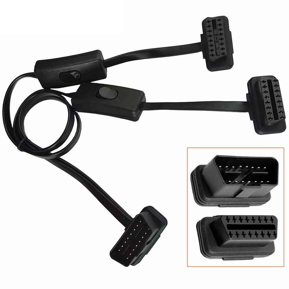 JUNSUNMAY 60cm OBD II 16 Pin Male to Dual Female Splitter Cord Diagnostic Extension Cable with Individually Power Switch