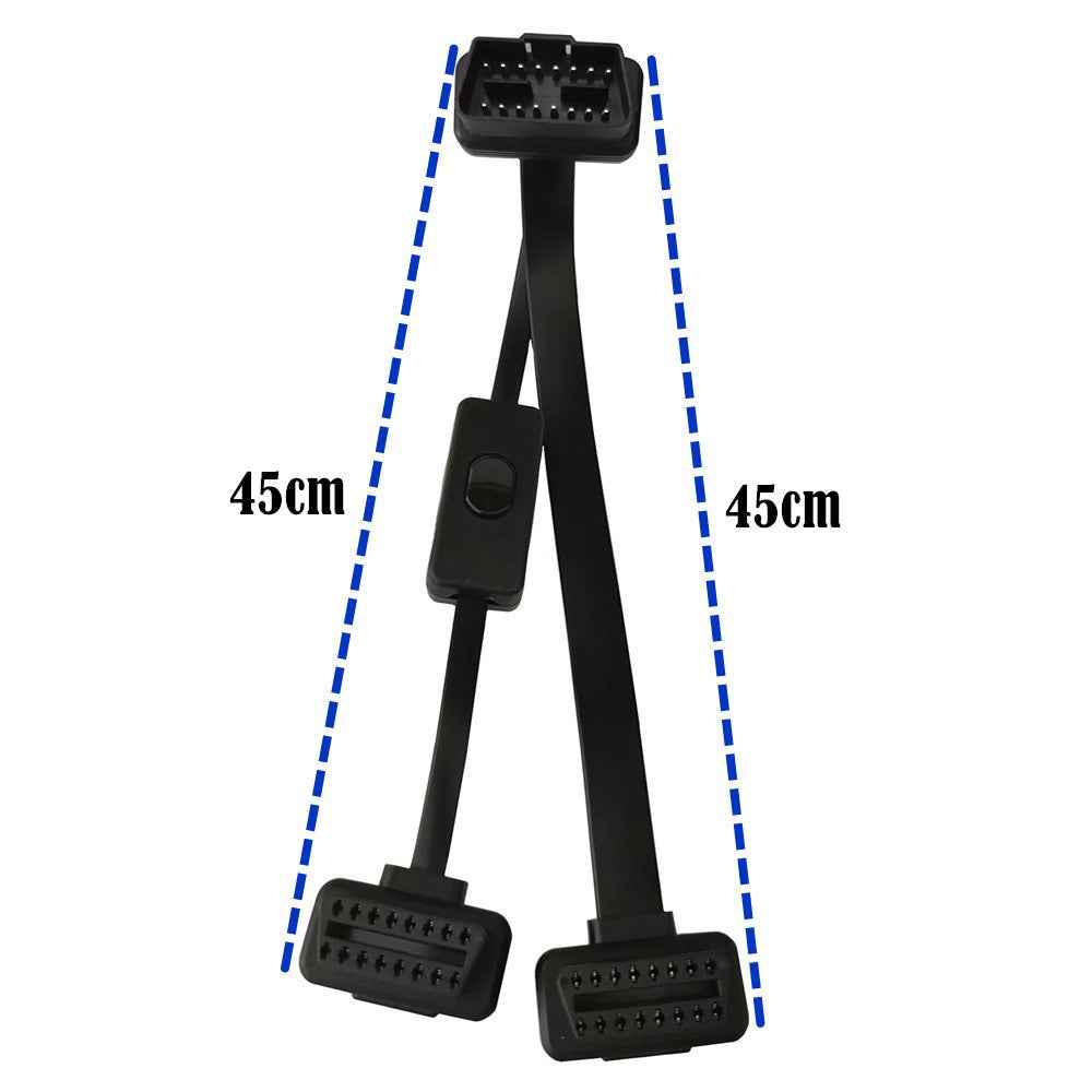 JUNSUNMAY 45cm OBD II 16 Pin Male to Dual Female Cord Adapter Extension Cable with 1 Power Switch