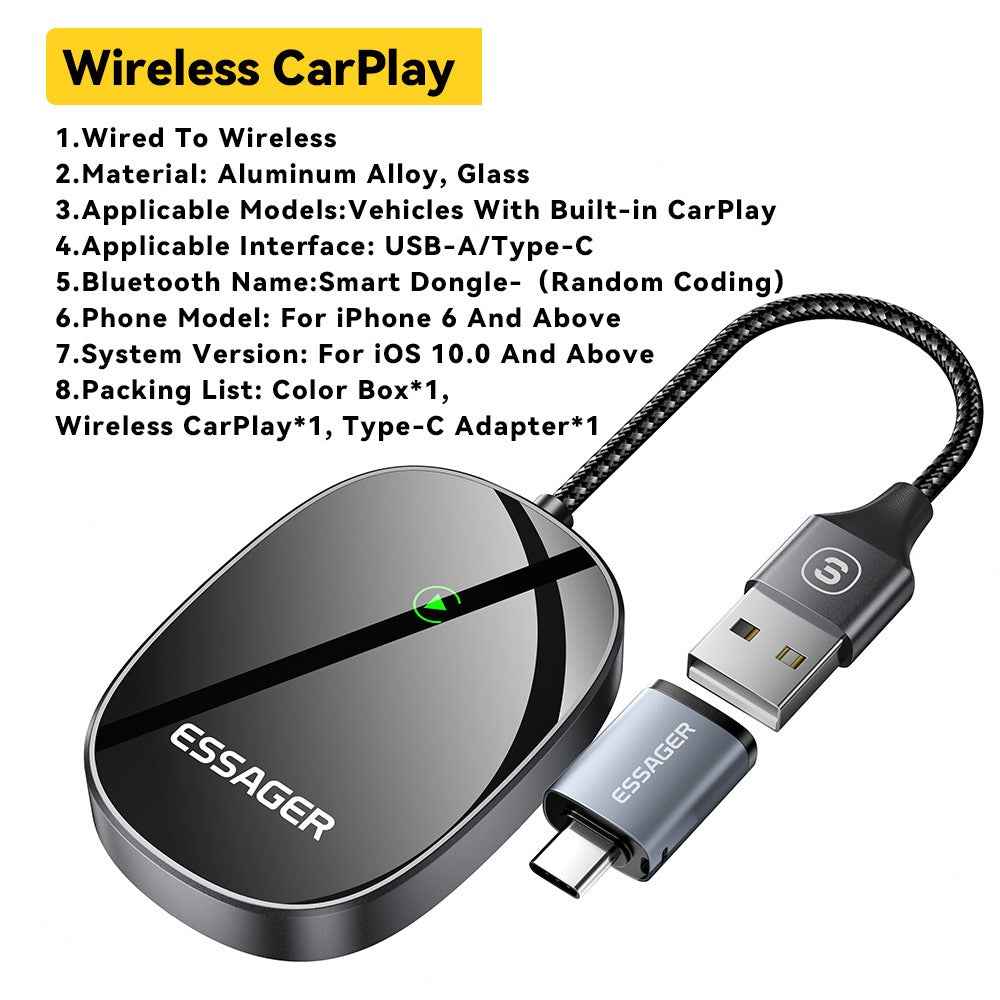 ESSAGER BY960 Aluminum Alloy+Glass WiFi 5G Module Wireless CarPlay Dongle Adapter