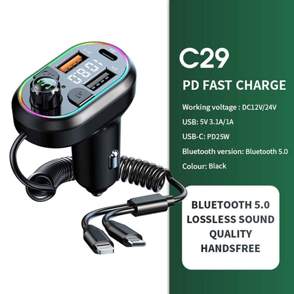 C29 Bluetooth-compatible Hands-free Call Car MP3 Player FM Transmitter PD Type-C + Dual USB Car Charger with Lightning+Type-C Cable