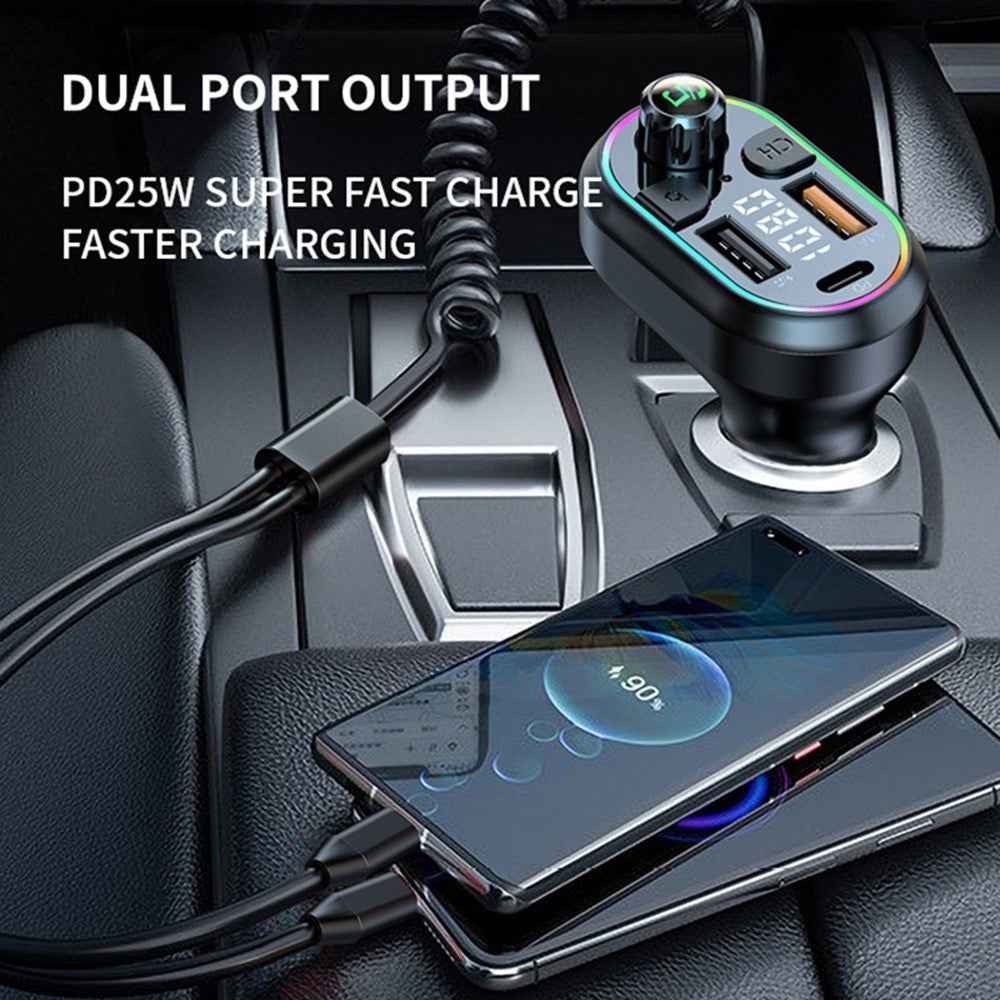 C29 Bluetooth-compatible Hands-free Call Car MP3 Player FM Transmitter PD Type-C + Dual USB Car Charger with Lightning+Type-C Cable