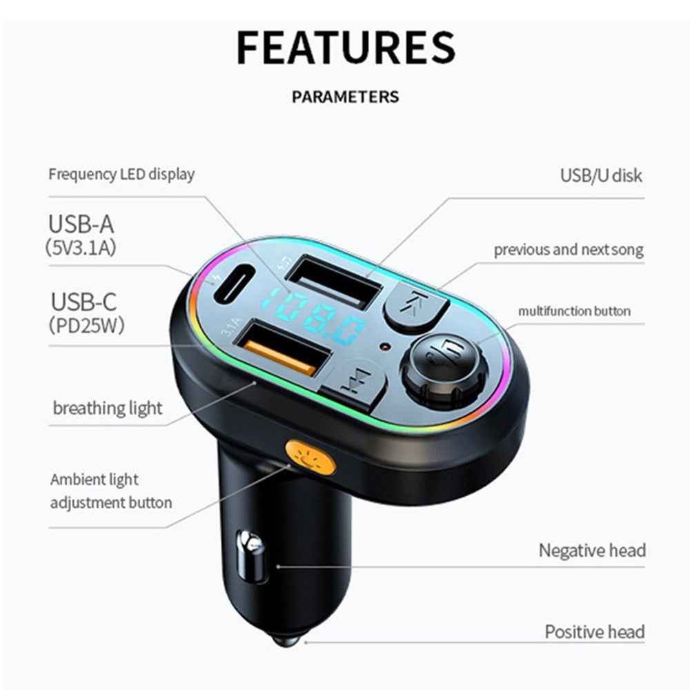 C29 Bluetooth-compatible Hands-free Call Car MP3 Player FM Transmitter PD Type-C + Dual USB Car Charger with Lightning+Type-C Cable