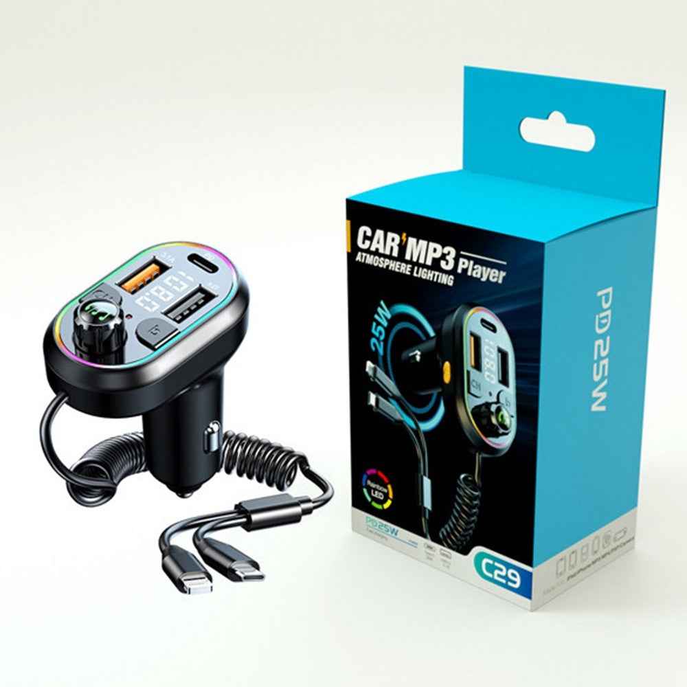 C29 Bluetooth-compatible Hands-free Call Car MP3 Player FM Transmitter PD Type-C + Dual USB Car Charger with Lightning+Type-C Cable
