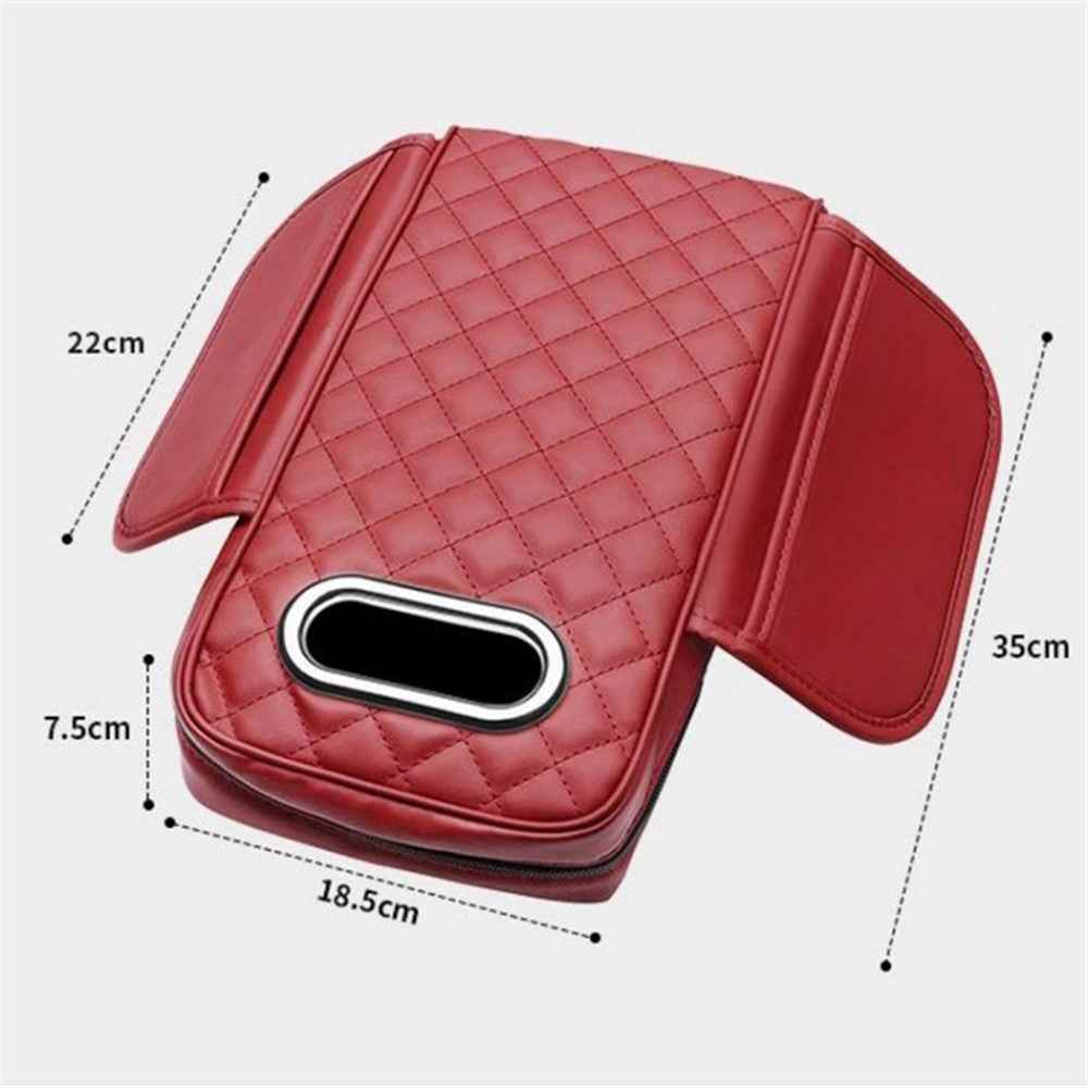 Car Armrest Box Cushion Pad PU Leather Tissue Holder Box with Side Pockets - Red