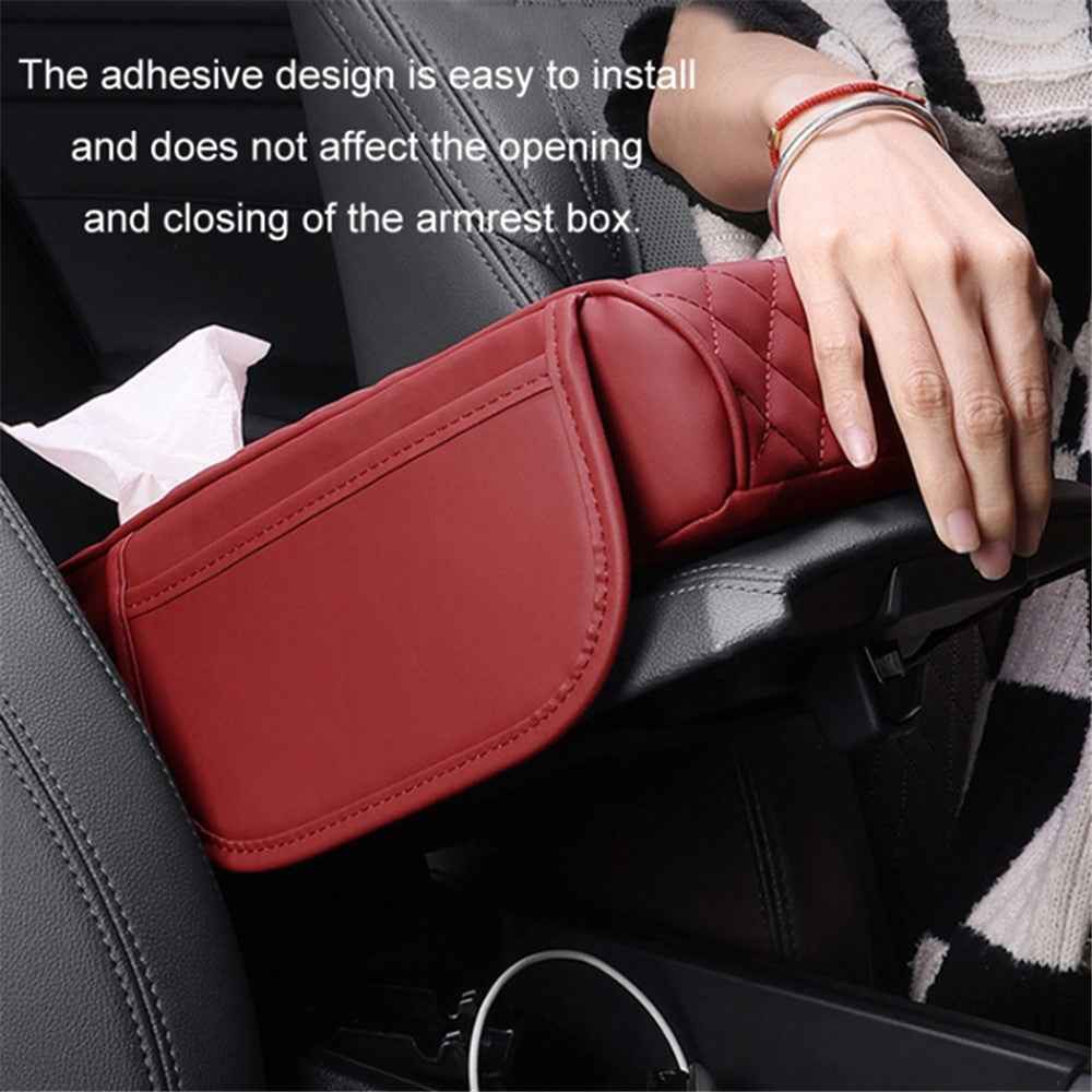 Car Armrest Box Cushion Pad PU Leather Tissue Holder Box with Side Pockets - Beige