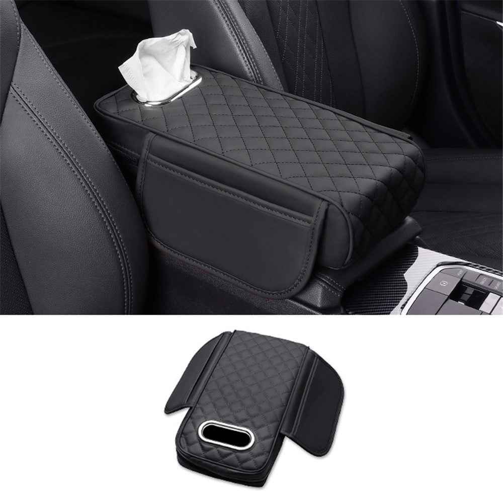 Car Armrest Box Cushion Pad PU Leather Tissue Holder Box with Side Pockets - Black