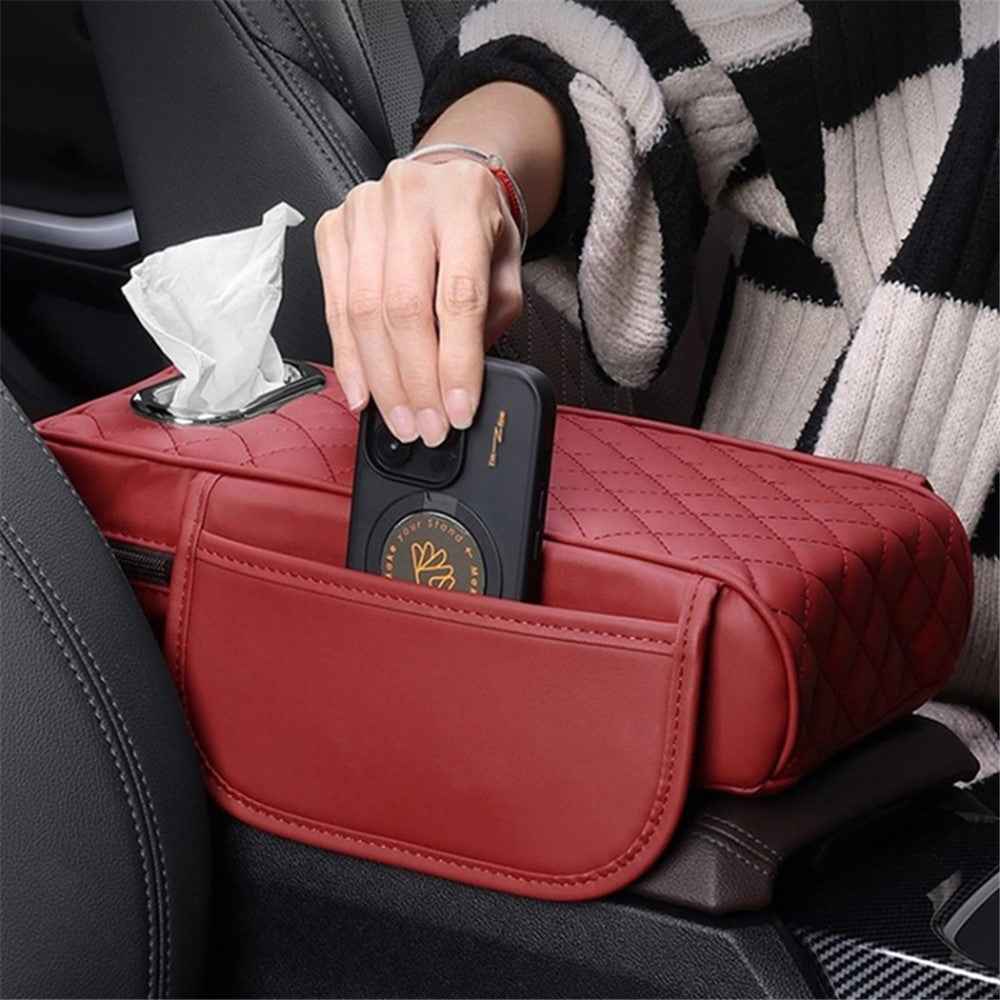 Car Armrest Box Cushion Pad PU Leather Tissue Holder Box with Side Pockets - Black