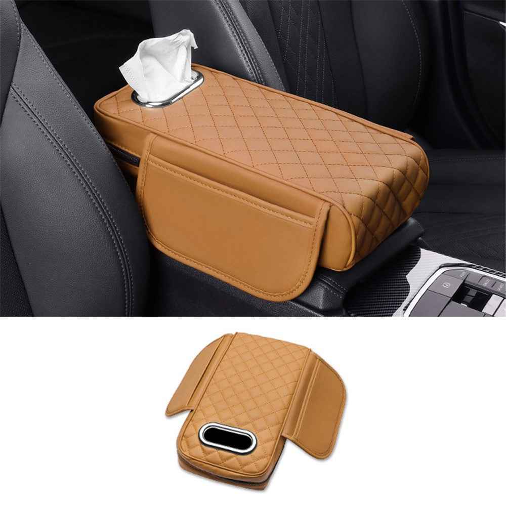 Car Armrest Box Cushion Pad PU Leather Tissue Holder Box with Side Pockets - Light Brown