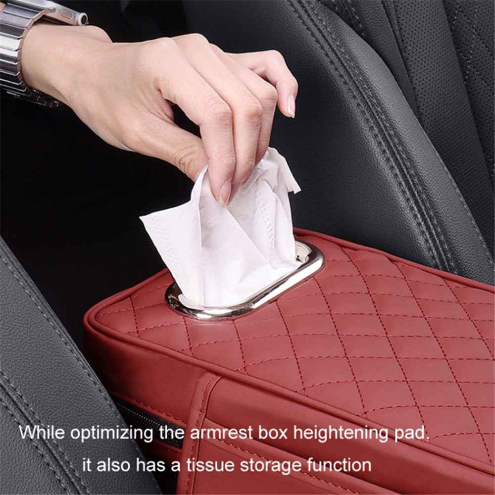 Car Armrest Box Cushion Pad PU Leather Tissue Holder Box with Side Pockets - Light Brown