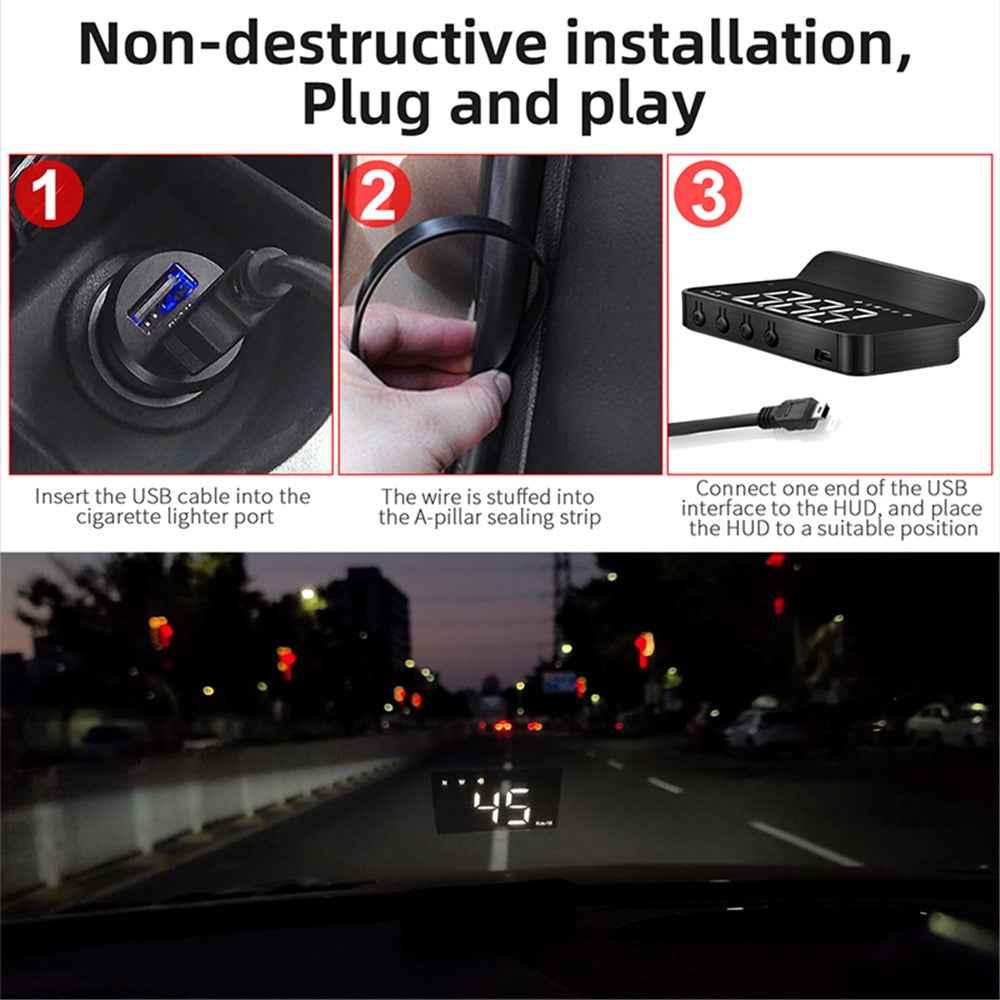 M1 Multifunctional Large Screen Head Up Display Car Electronic HUD Windshield Projector Overspeed Security Alarm - White