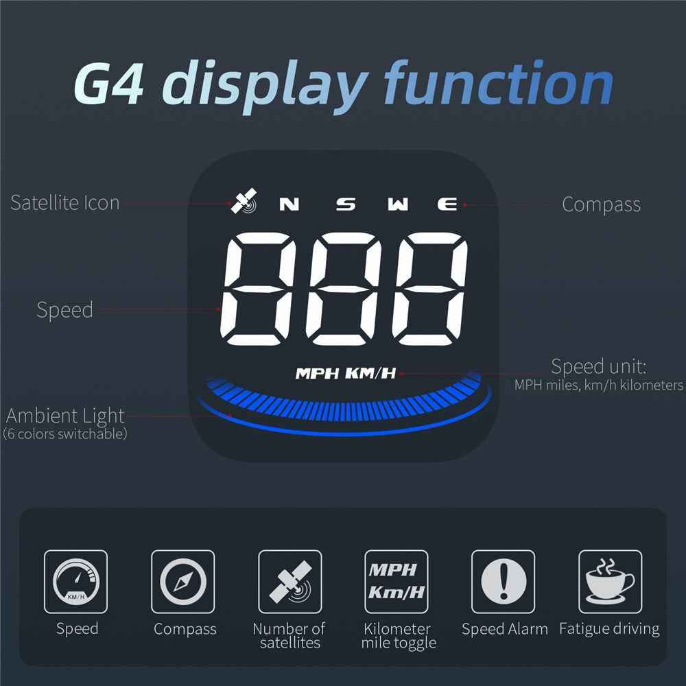G4 Car HUD Digital Speedometer Over-speed Fatigue Driving Alarm GPS Compass Head-up Display