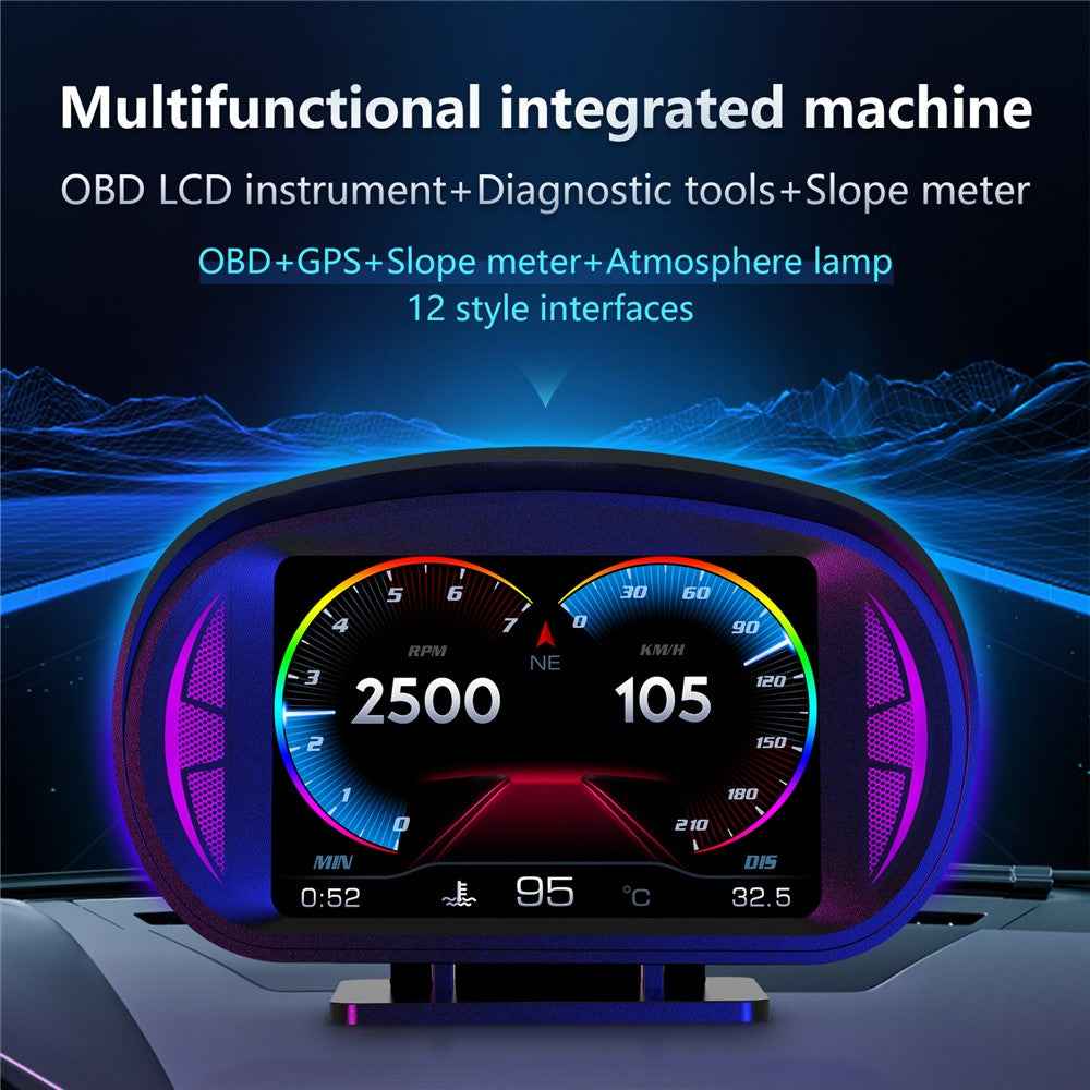 P2 OBD LCD Display Smart Driving Device + Diagnostic Tools + Slope Meter for Cars Vehicles
