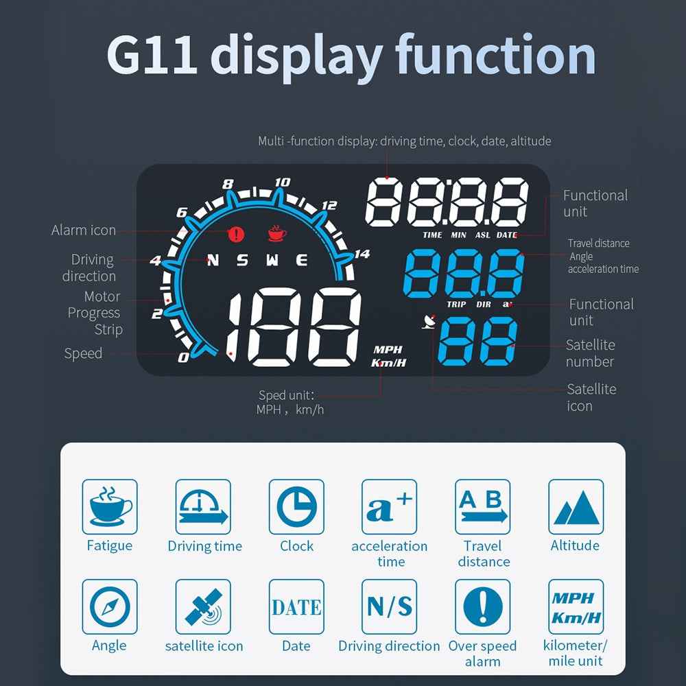 G11 Universal GPS HUD Head Up Display Speed Instrument with Overspeed Alarm for Oil Fuel Electric Hybrid Vehicle - Blue+White