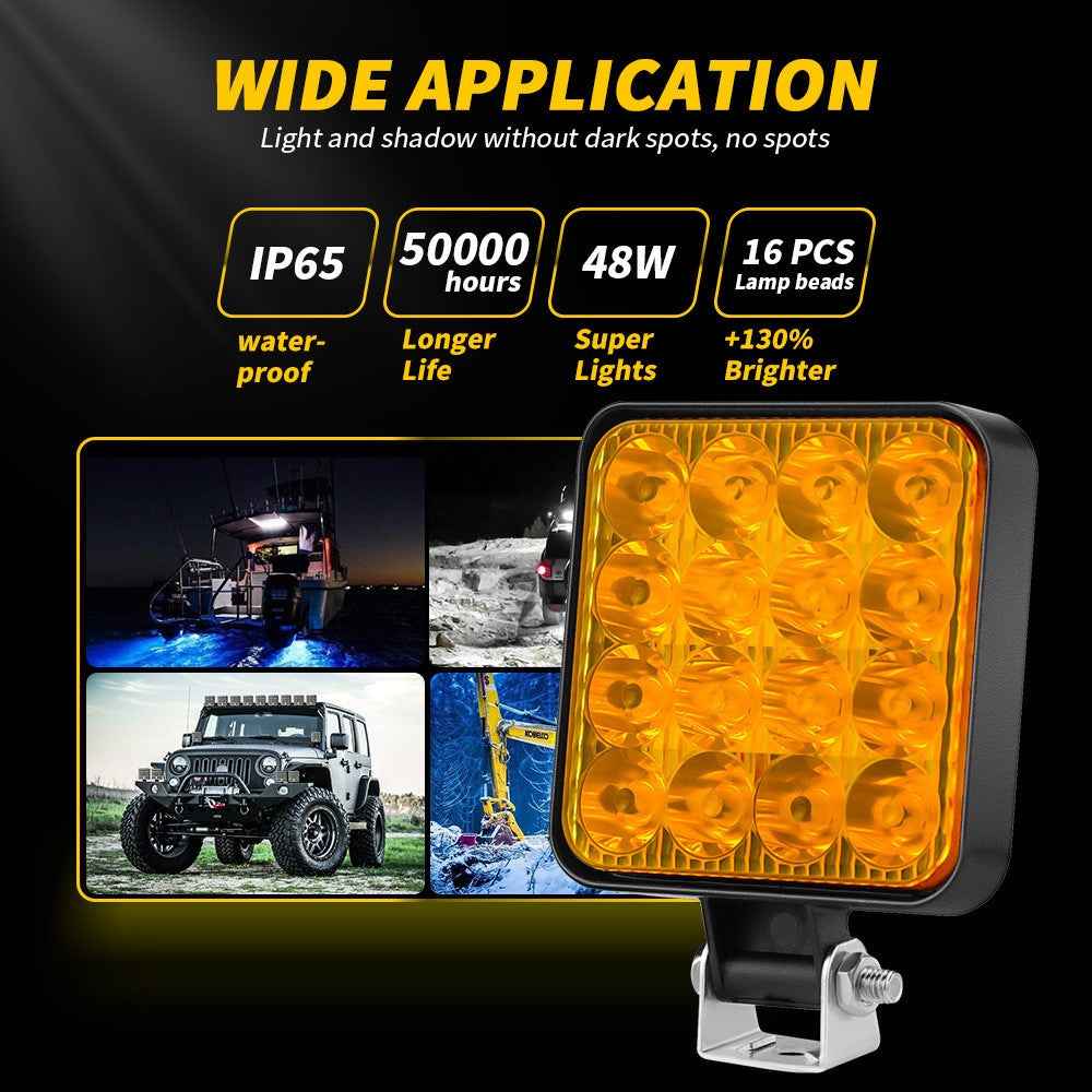 48W 12V 16-LED Car Driving Work Light Waterproof Square Car Off-Road Headlight - Yellow Light