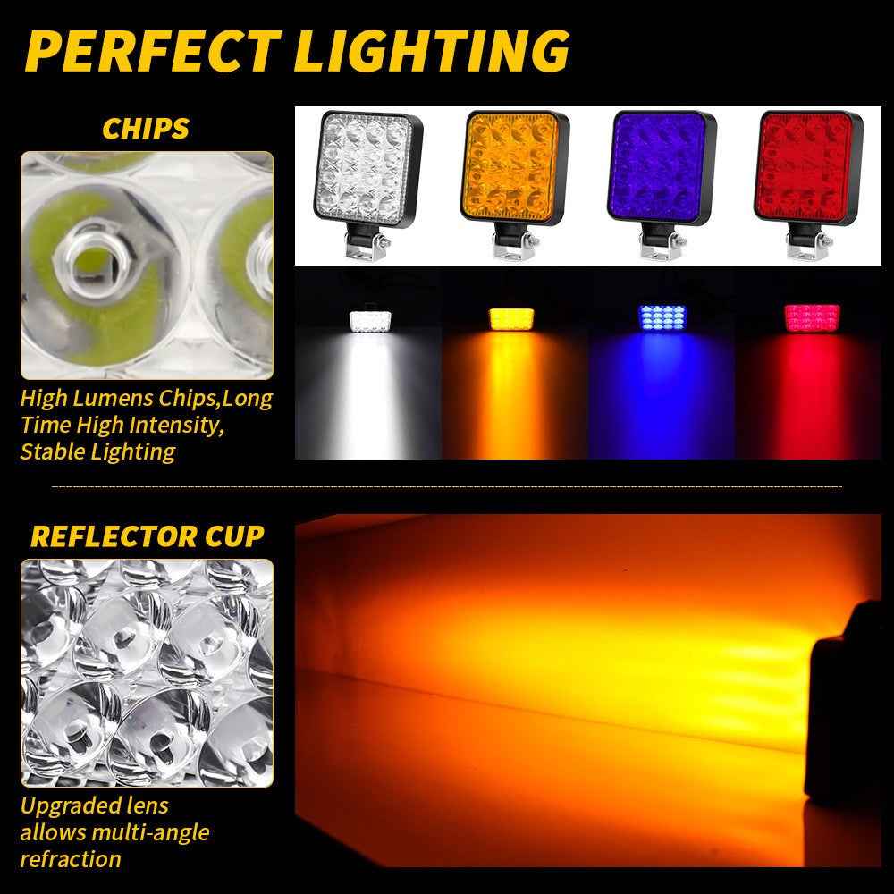 48W 12V 16-LED Car Driving Work Light Waterproof Square Car Off-Road Headlight - Yellow Light