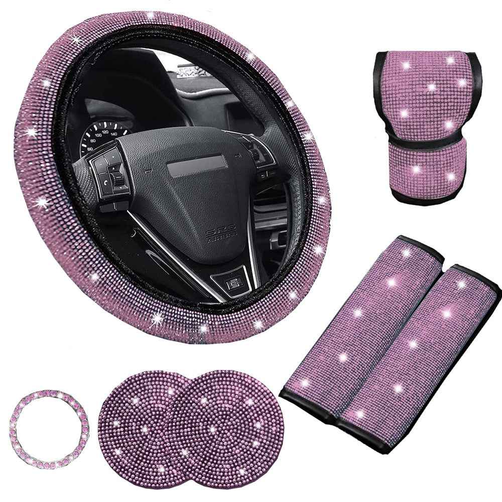 7Pcs / Set Shiny Rhinestones Car Steering Wheel Safety Belt Shifter Cover Cup Mat Start Button Ring Kit - Pink