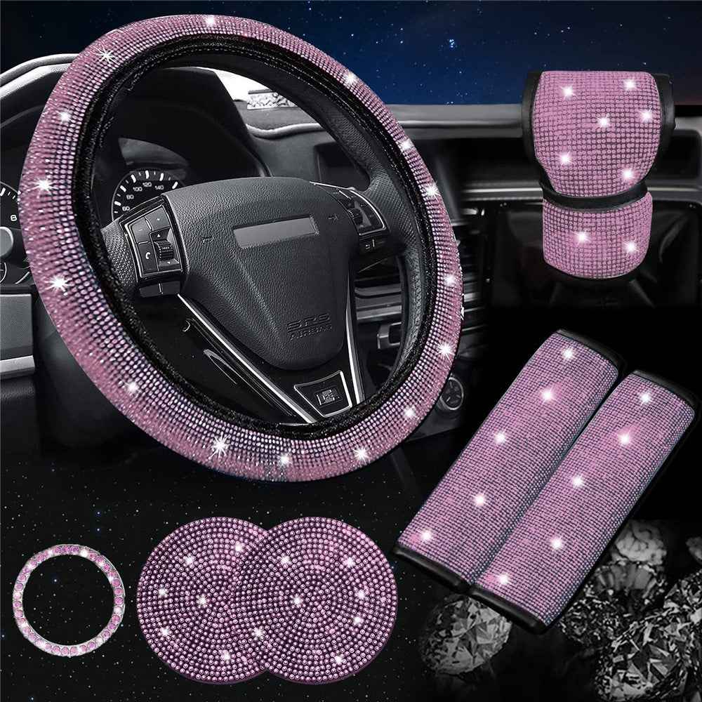 7Pcs / Set Shiny Rhinestones Car Steering Wheel Safety Belt Shifter Cover Cup Mat Start Button Ring Kit - Pink