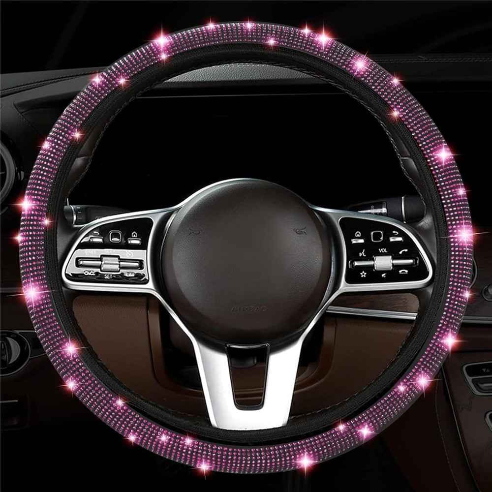 7Pcs / Set Shiny Rhinestones Car Steering Wheel Safety Belt Shifter Cover Cup Mat Start Button Ring Kit - Pink