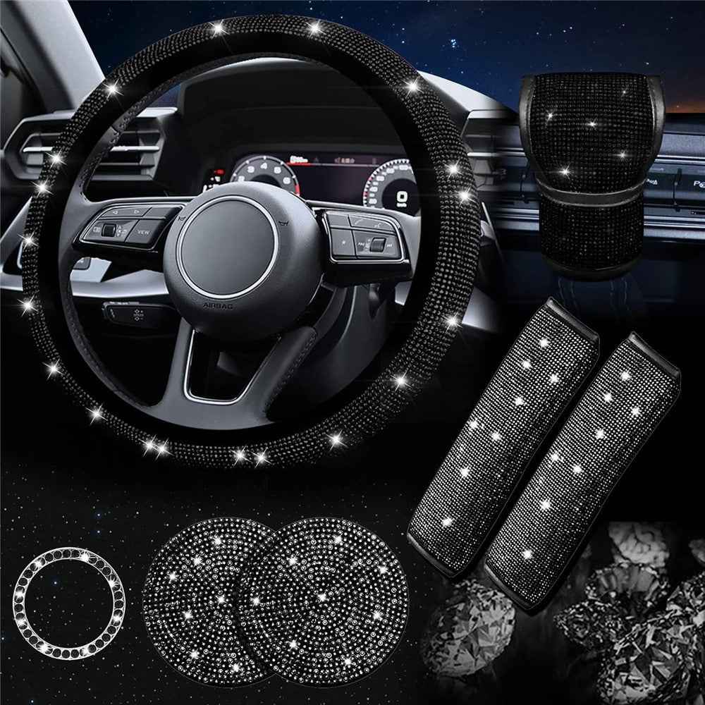 7Pcs / Set Shiny Rhinestones Car Steering Wheel Safety Belt Shifter Cover Cup Mat Start Button Ring Kit - Pink
