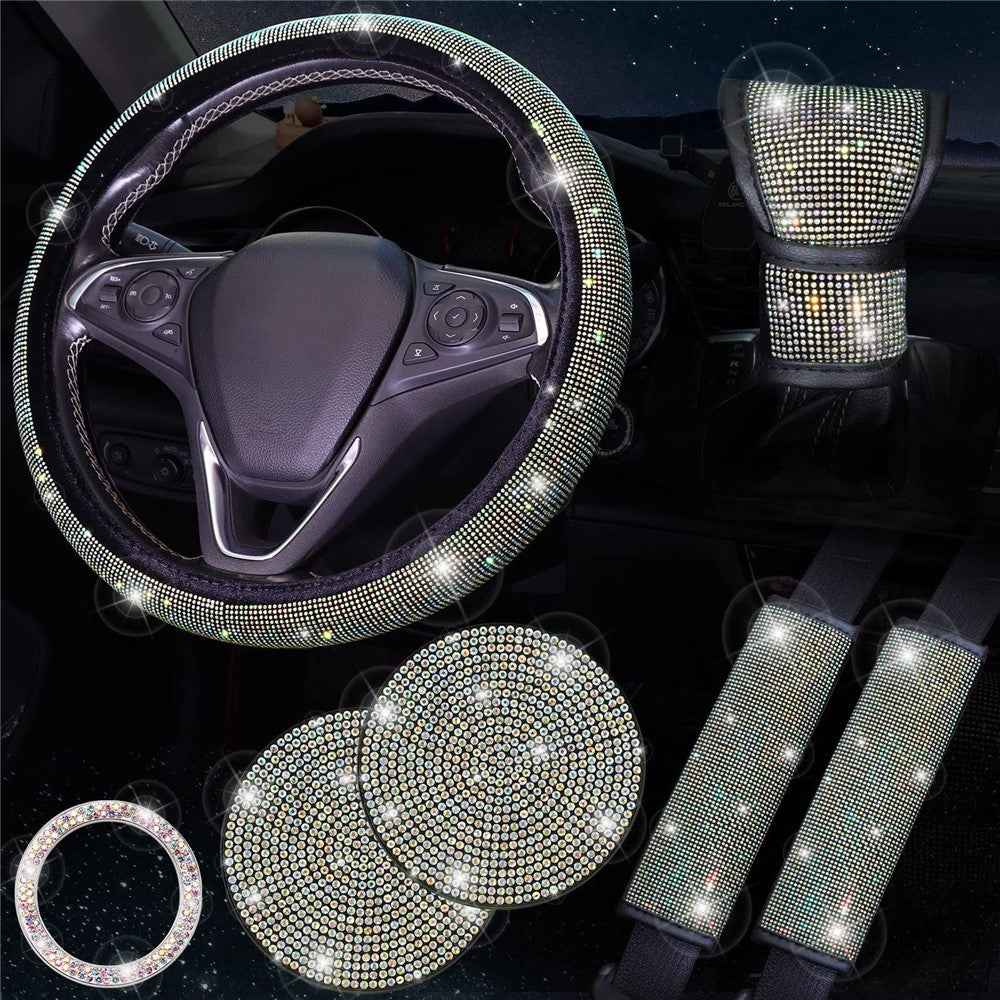 7Pcs / Set Shiny Rhinestones Car Steering Wheel Safety Belt Shifter Cover Cup Mat Start Button Ring Kit - Colorful