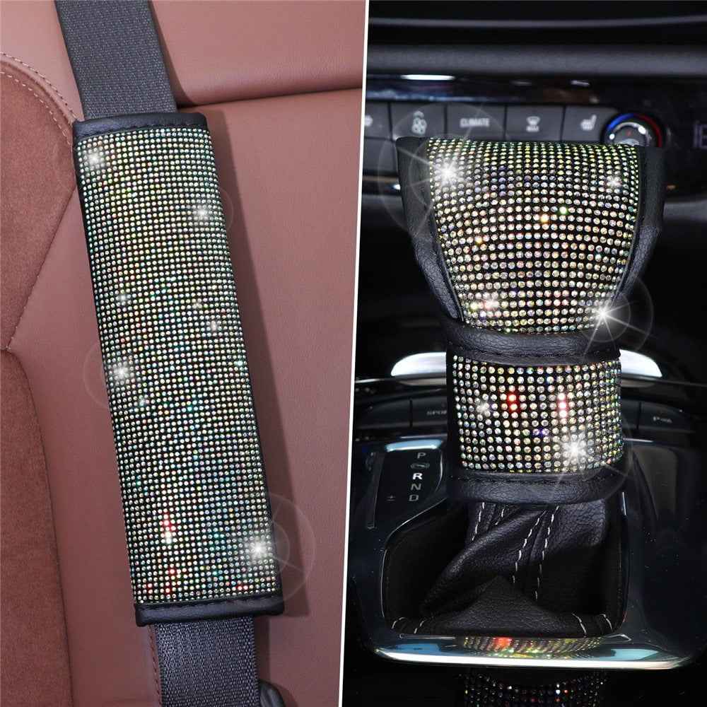 7Pcs / Set Shiny Rhinestones Car Steering Wheel Safety Belt Shifter Cover Cup Mat Start Button Ring Kit - Colorful